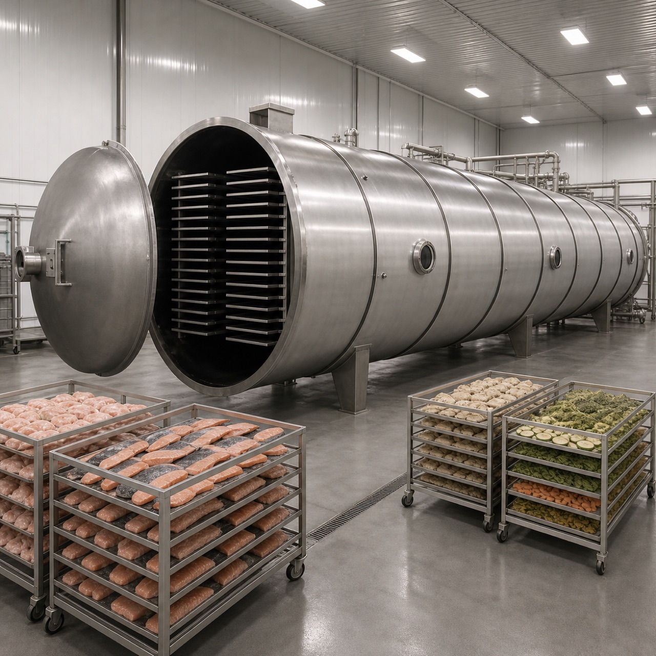 industrial pet food protein freeze dryer with meat and fish loading carts
