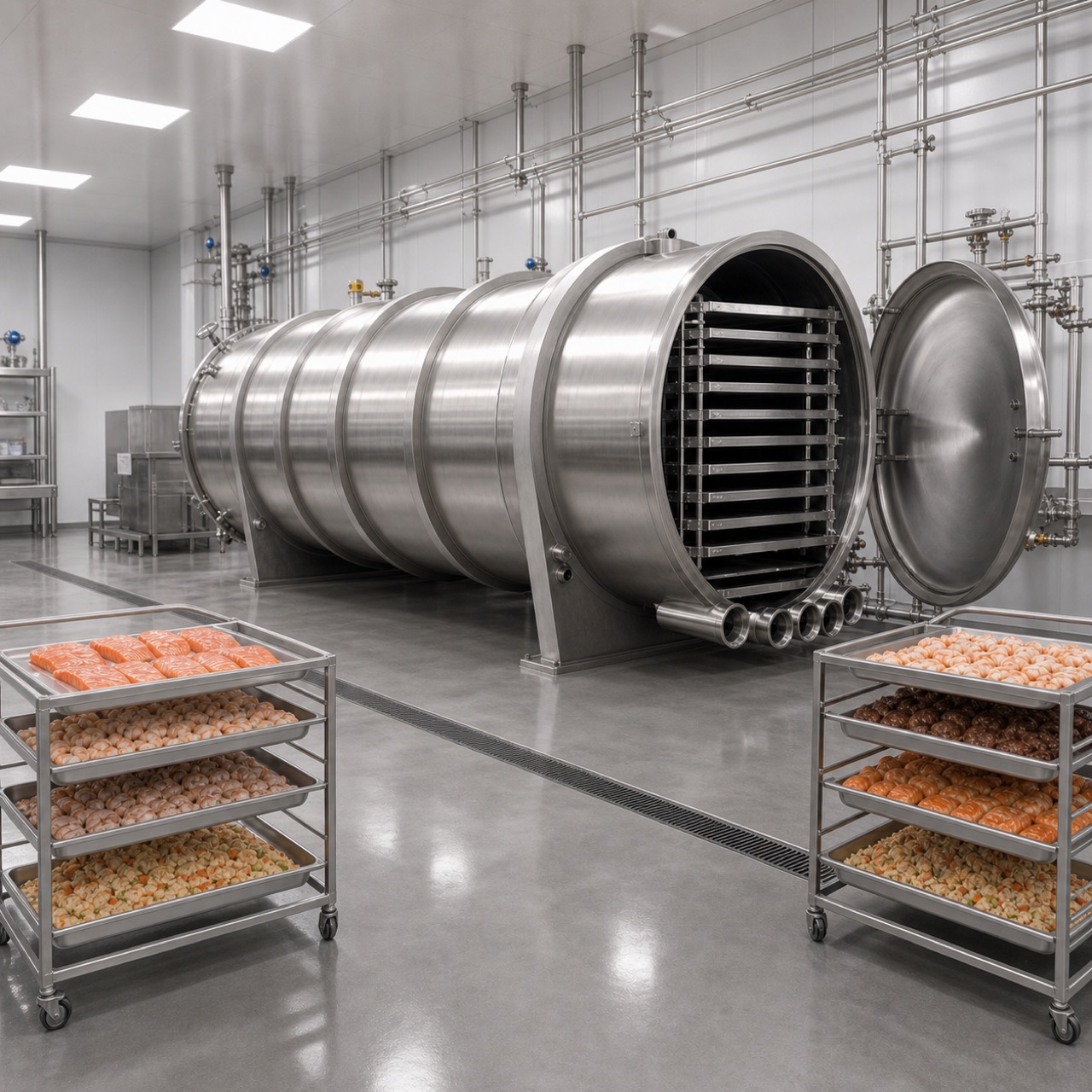 industrial seafood freeze dryer with salmon and shrimp carts